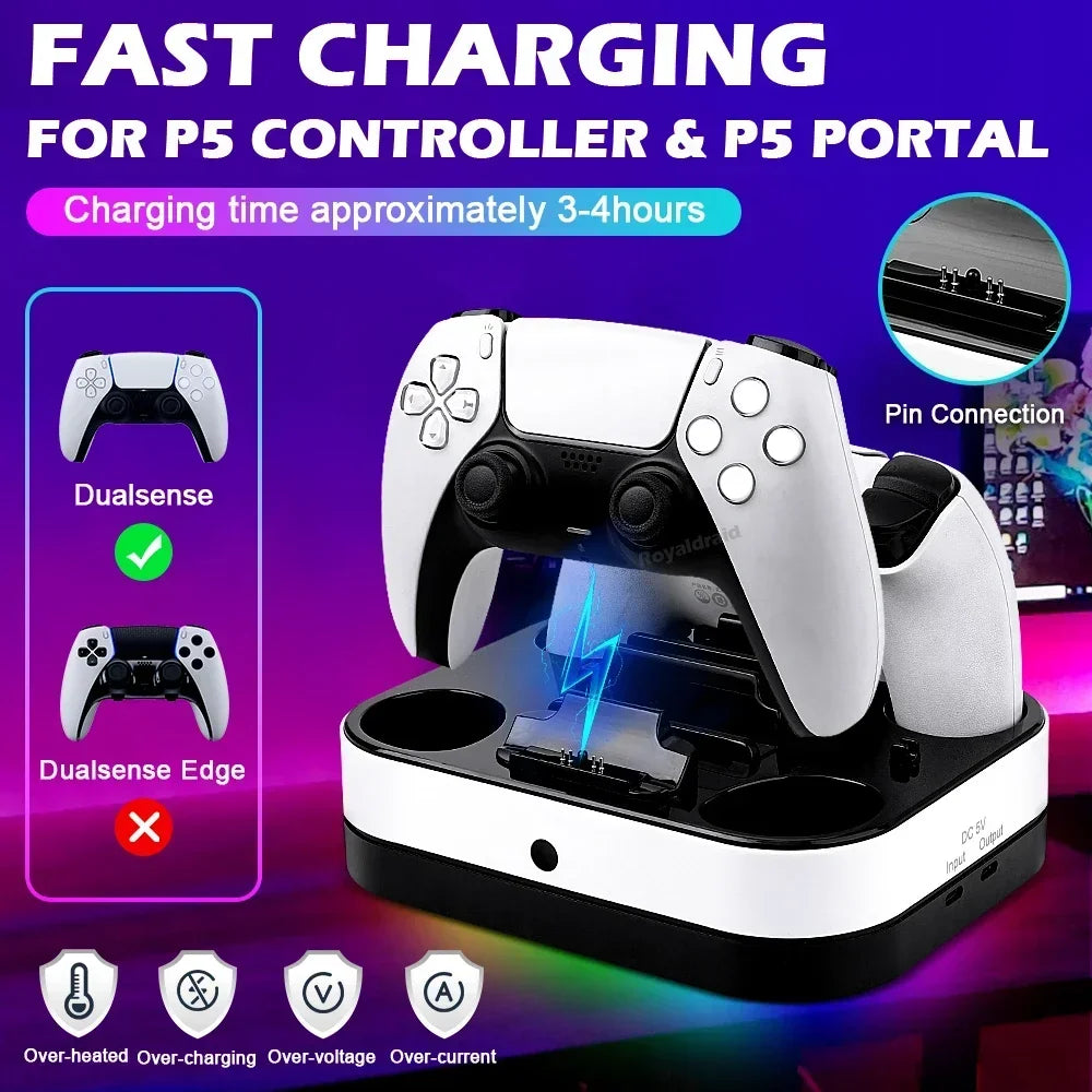 For PS5 Controller Charger Stand LED Indicator & RGB Light Dual Charging Dock for PS5 Controller & PS Portal Games Accessori
