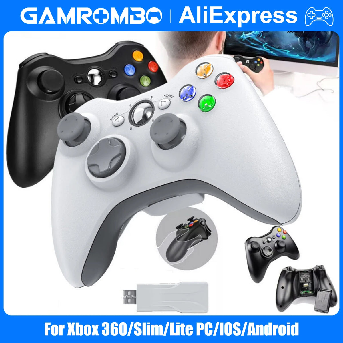 GAMROMBO Game Controller For Xbox 360/Slim/PC Console Wireless/Wired Gamepad W/Ergonomic Grip Upgraded No Drift Gaming Joystick