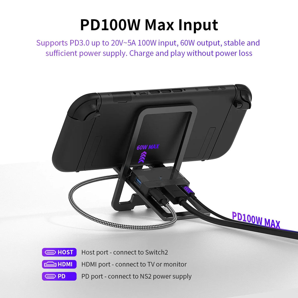 Foldable Gaming Docking Station for ROG Ally, for Switch 2, for Steam Deck, Ultra Slim ,4K 60Hz HDMI PD 100W USB3.2 Travel Dock