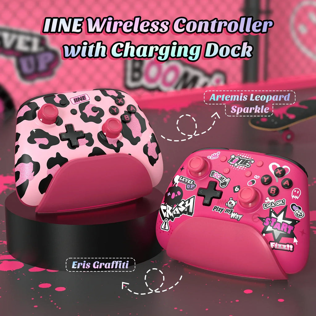 IINE Pink Wireless Controller with Charging Dock, NFC Amiibo