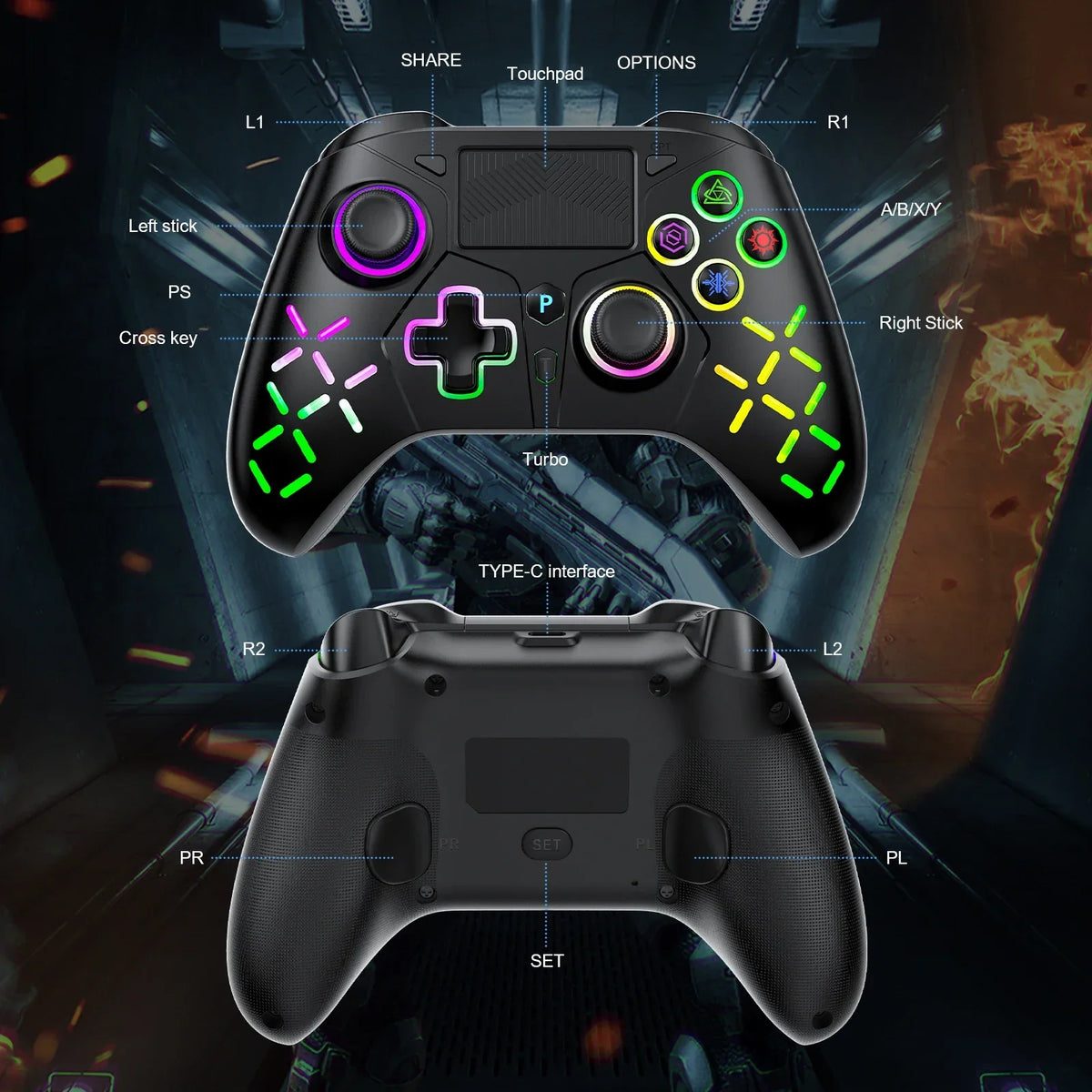 Bonacell Wireless Controller for PS5 PS4 PS3 PC Switch with RGB