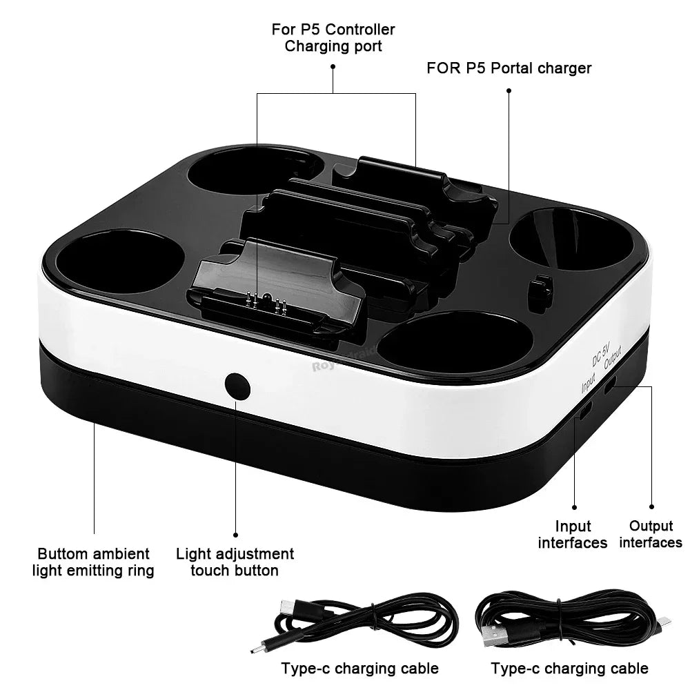 For PS5 Controller Charger Stand LED Indicator & RGB Light Dual Charging Dock for PS5 Controller & PS Portal Games Accessori
