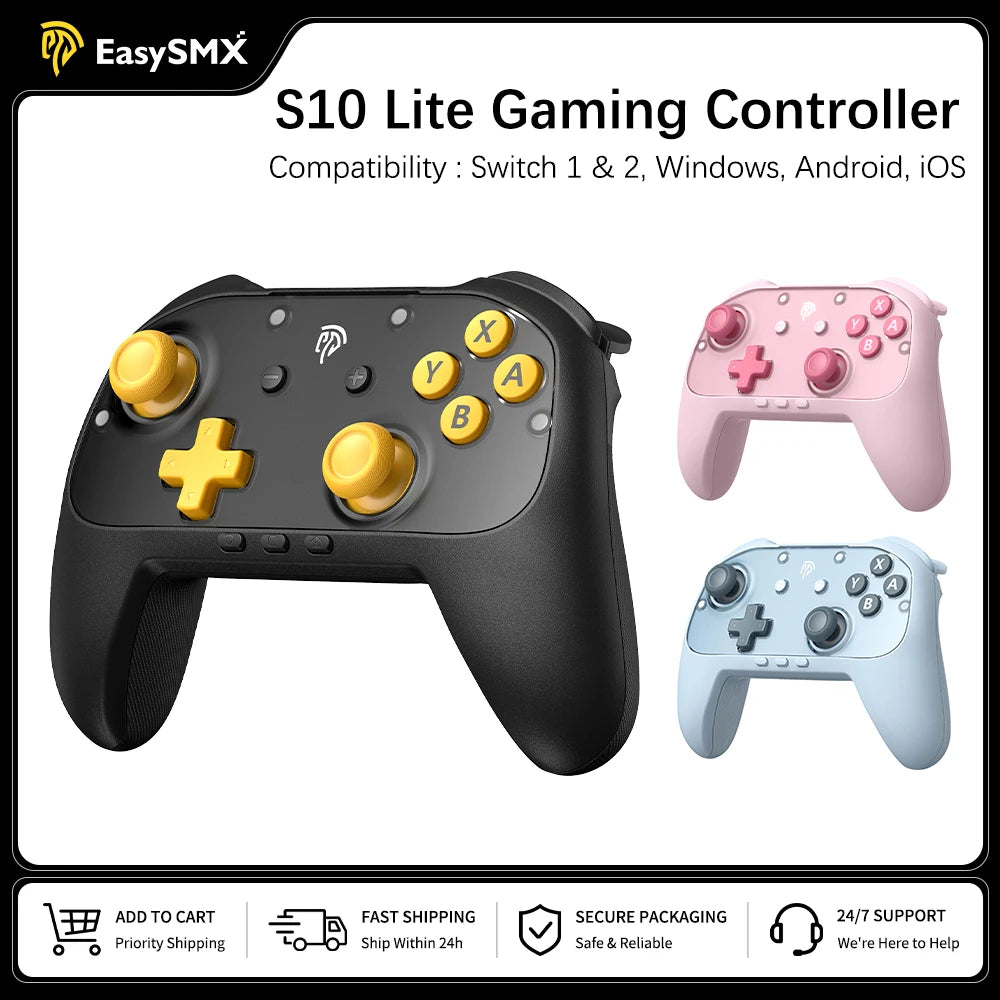 EasySMX S10C Wireless Gamepad for Switch 1/2 PC Android iOS, Hall Effect Joystick Programmable Buttons, 9-Axis Motion Control