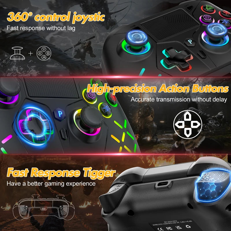 Controller For PS5/PS4/PS3/Steam/PC RGB Wireless Control Joystick Hall Linear Trigger Gamepad Turbo Dual Vibration Game Remote