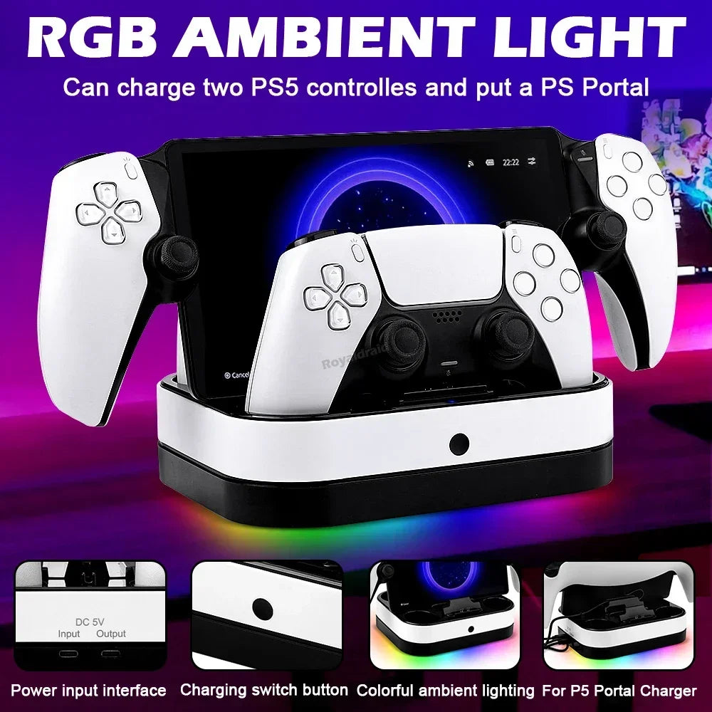 For PS5 Controller Charger Stand LED Indicator & RGB Light Dual Charging Dock for PS5 Controller & PS Portal Games Accessori