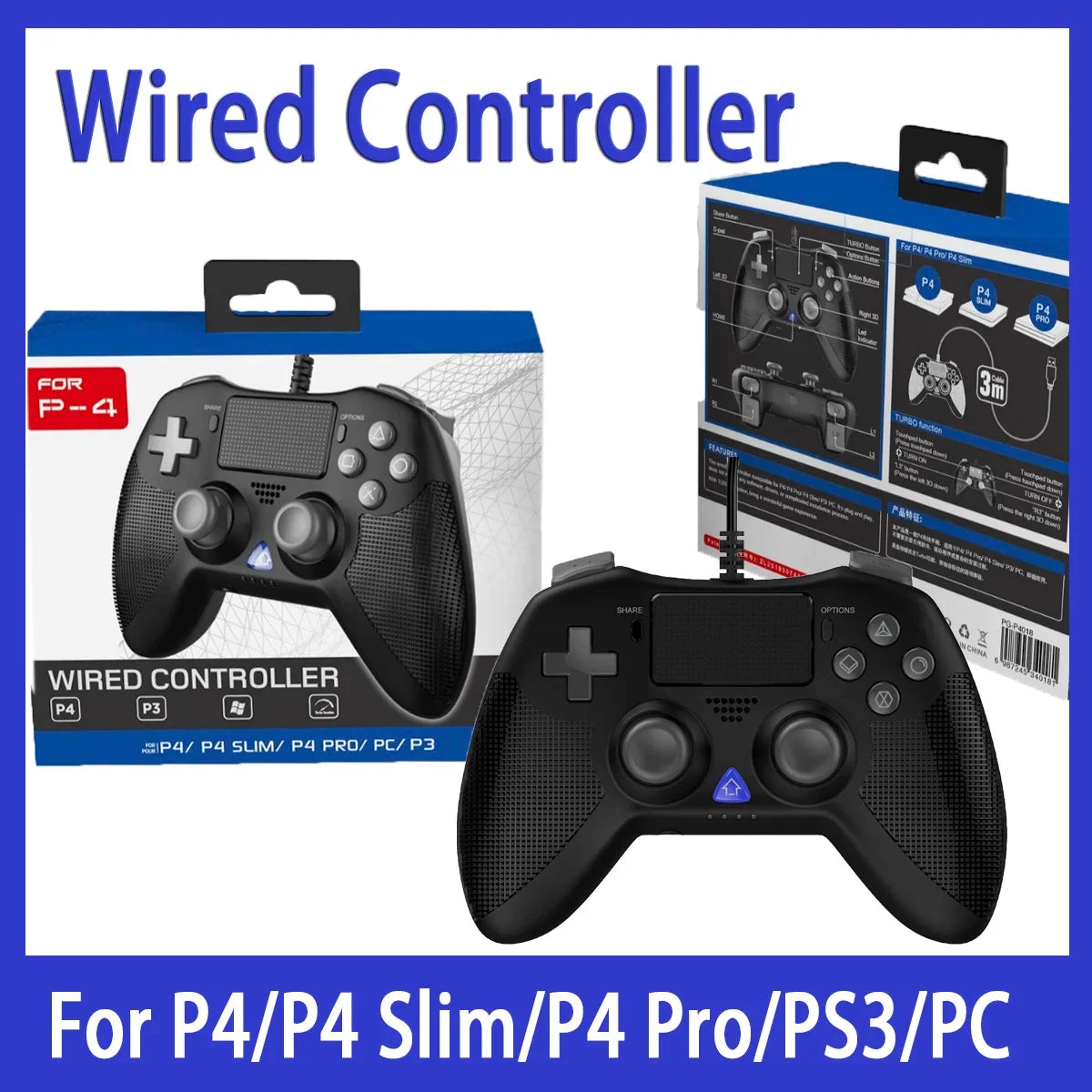 PG-P4018 Wired Game Controller for PS4/PS4 Slim/PS4 Pro/PS3/PC – Plug-and-Play Triangle Hero Controller with Turbo Function
