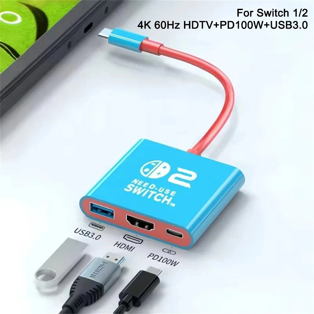 3 In 1 USB C HUB Type C to HDMI PD100W Charge Docking Station 4K 60Hz USB-C 3.0 for Switch 2/Switch/OLED MacBook Computer