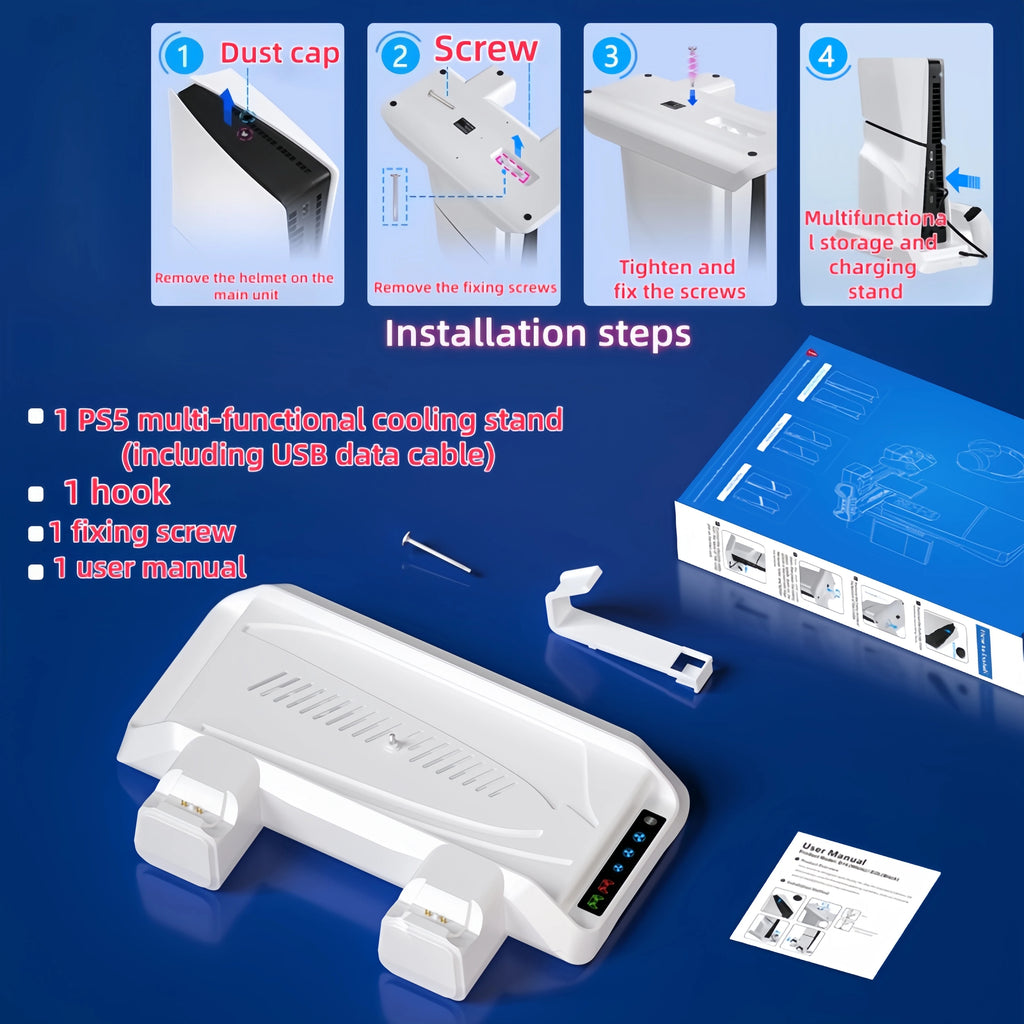 for PS5/PS5 Slim/PS5 Pro Stand with Headphone Hook Cooling Stand & Controller Charging Station for PS5 With 3 Levels Cooling Fan