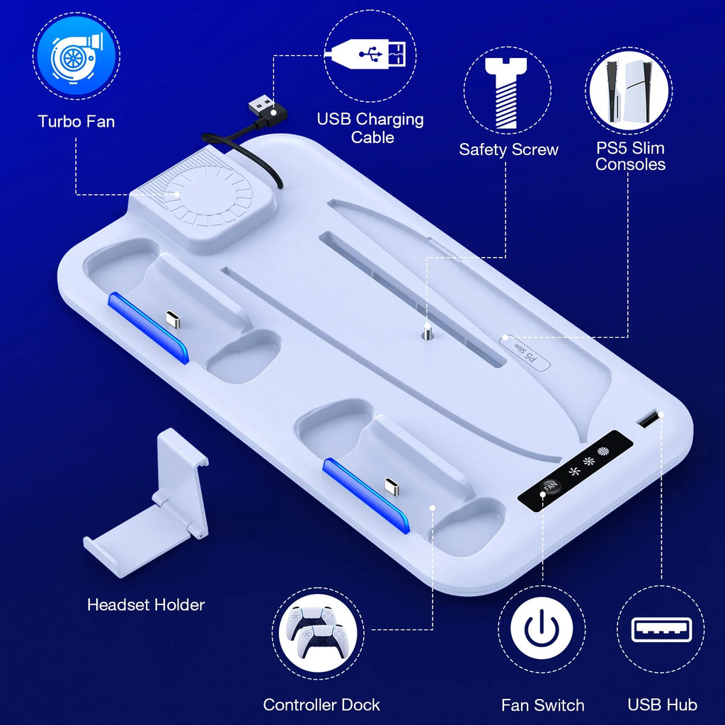 DinoFire For PS5 Slim Disc/Digital Fast Gamepad Charging Cooling Stand Vertical Cooling Station For PlayStation 5
