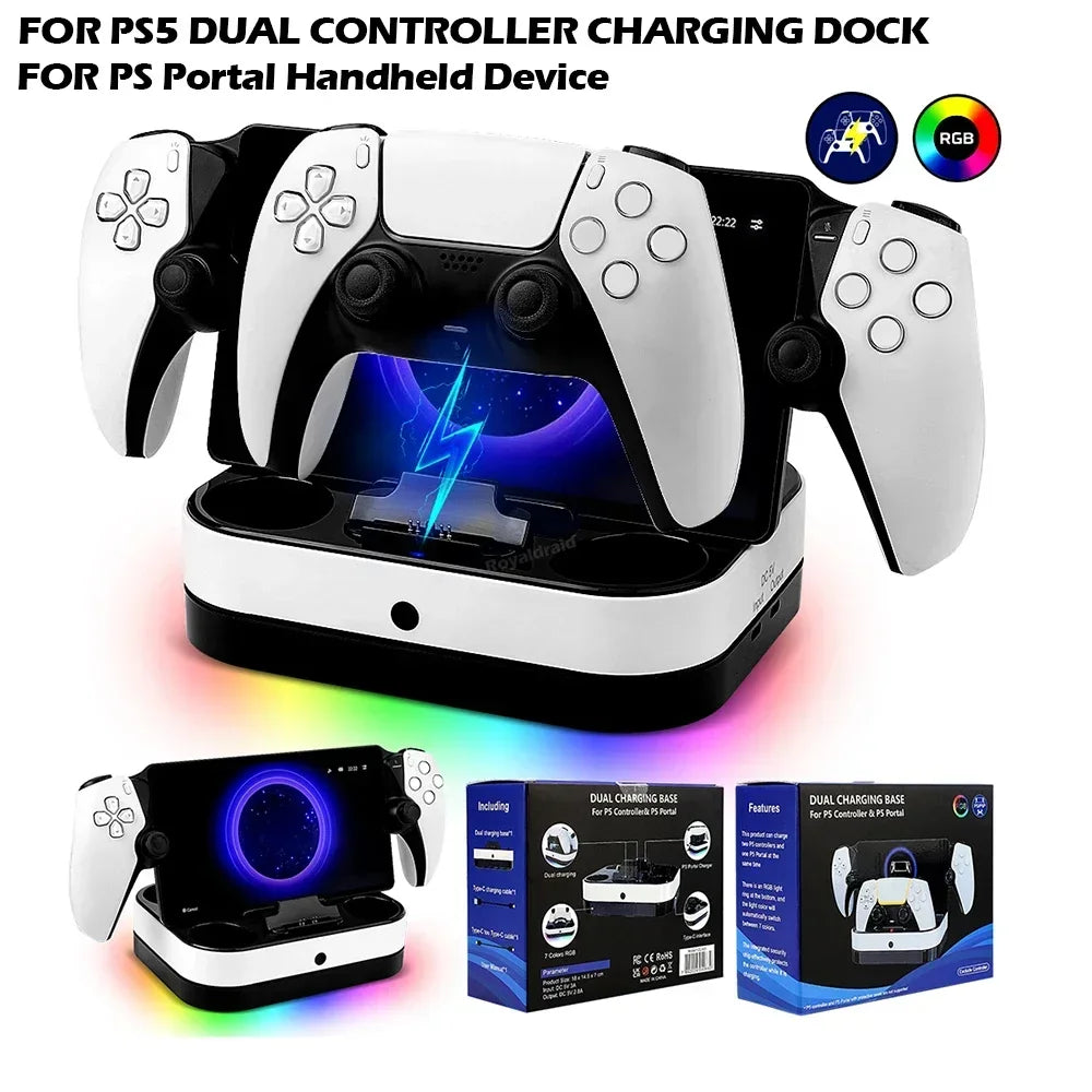 For PS5 Controller Charger Stand LED Indicator & RGB Light Dual Charging Dock for PS5 Controller & PS Portal Games Accessori