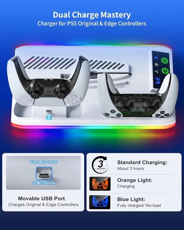 Cooling Stand with LED Controller Charging Station for PS5/Slim/Pro 3-Gear Cooling Fan PlayStation 5 Console Accessories