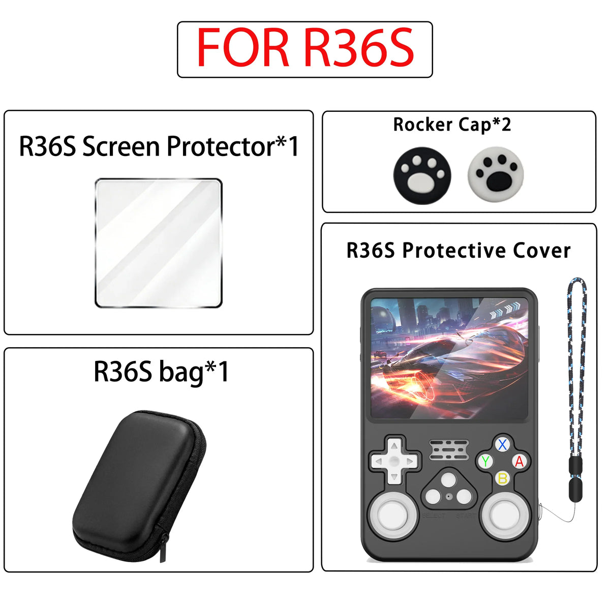 R36S Accessories Set: Silicone Case, Screen Protector, Thumb Grips