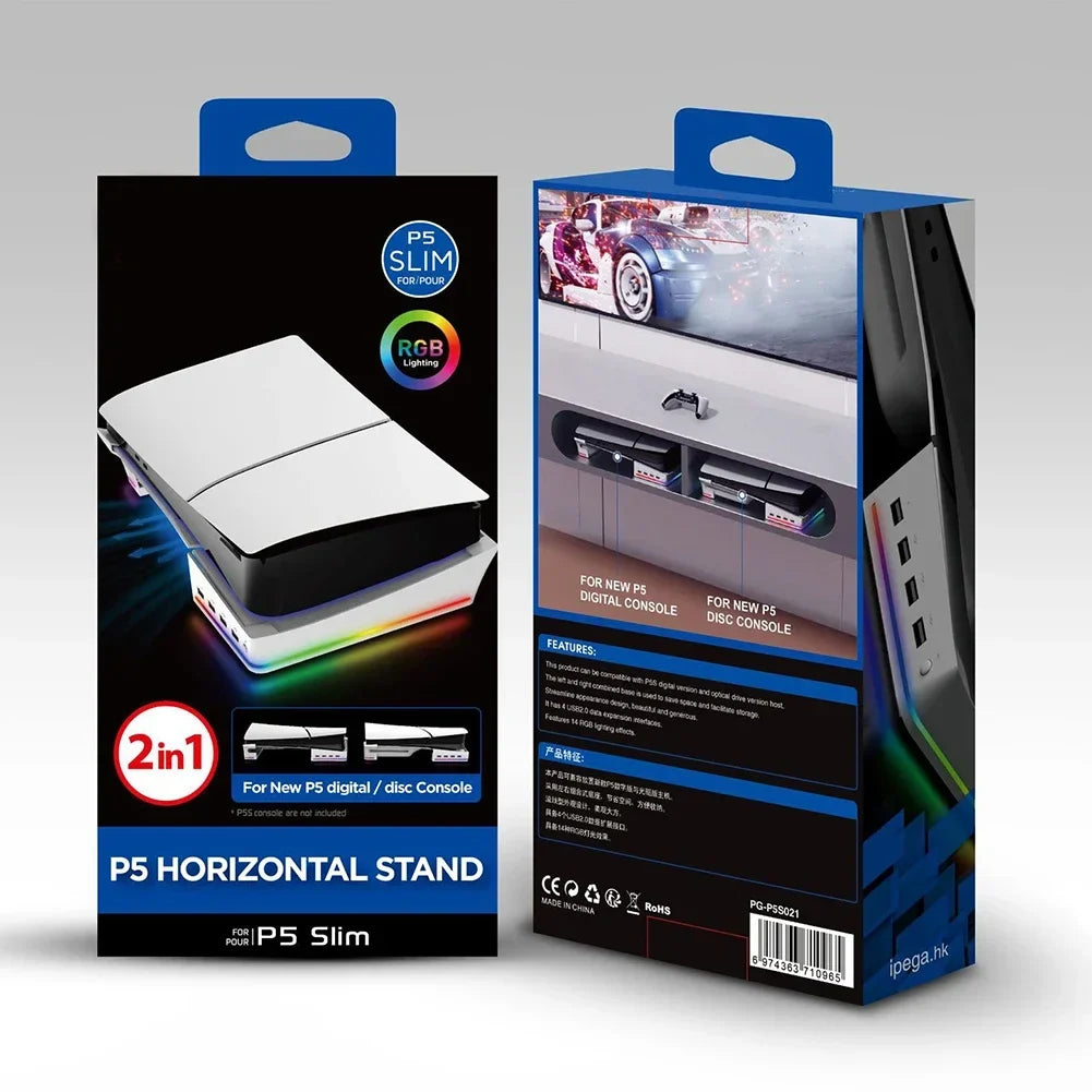 For PS5 Slim Horizontal Holder Base Stand Holder Stable with 4-Port USB2.0 Hub Host Rack Storage Holder for Playstation 5 Slim