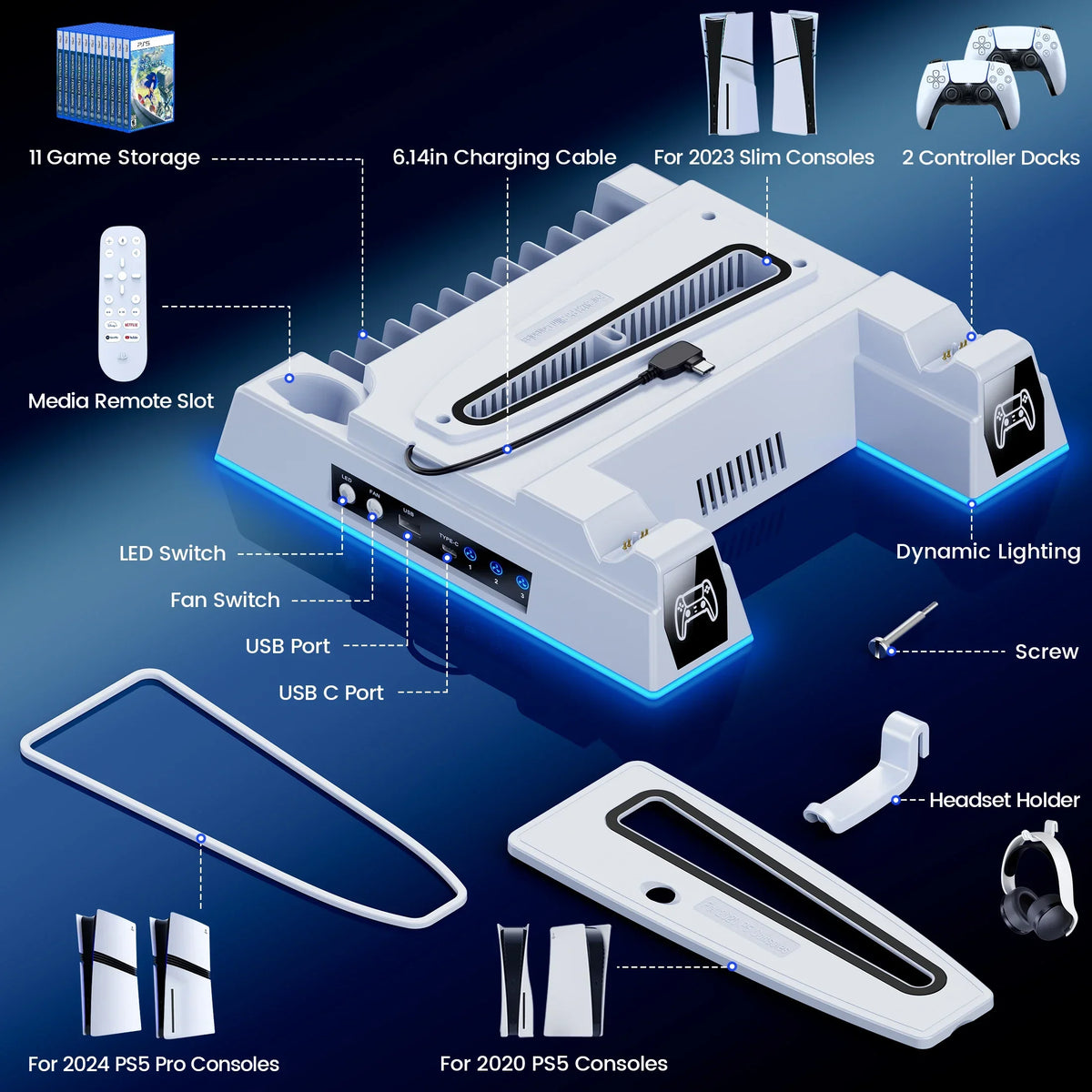 DinoFire S8000 Cooling Stand for PS5 with Dual Controller Charger