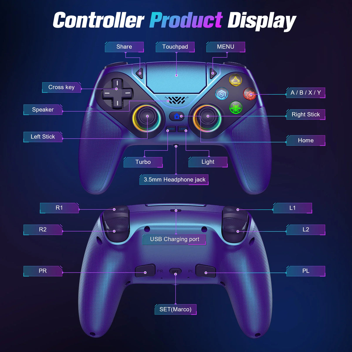 Wireless RGB Controller for PS5 PS5 Pro Slim and PC